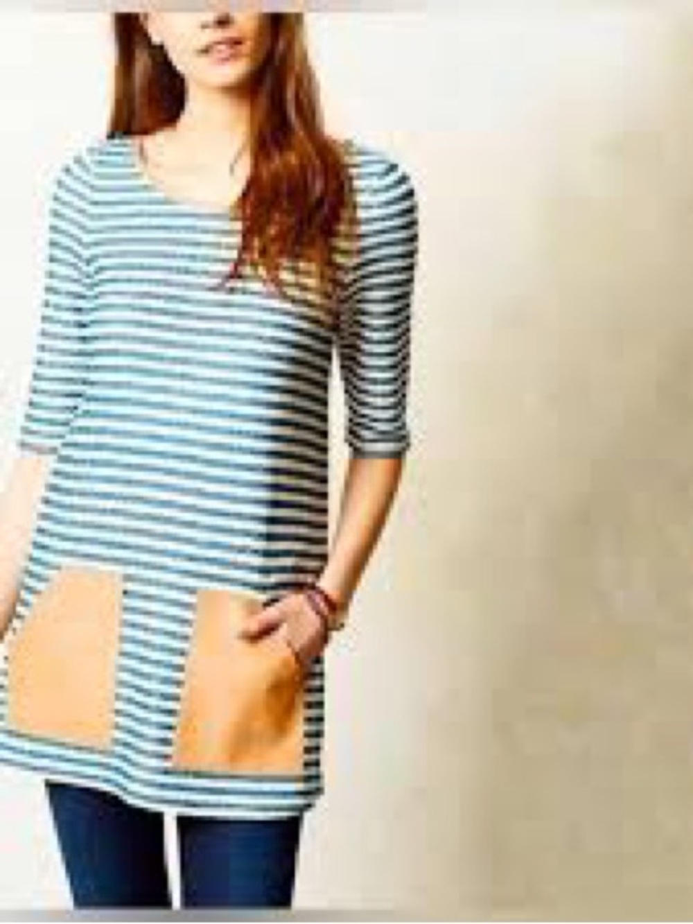 Anthropologie Blue and White Striped Mini Dress with Tan Pockets